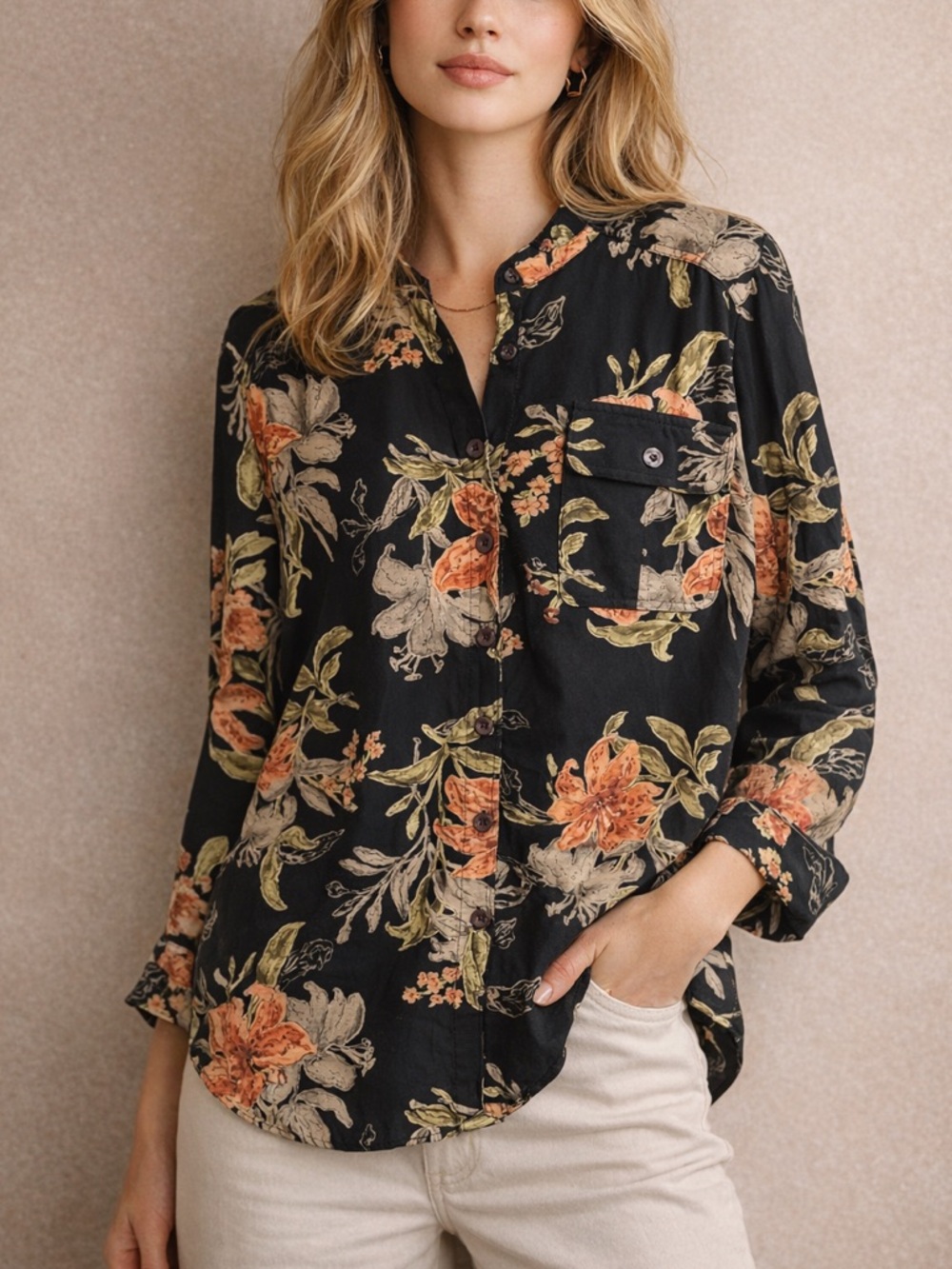Vintage Carole Little Women Floral Mandarin Collar Button Down Tunic Top Size 14